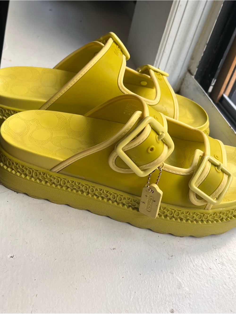 Coach Bright Yellow/Light Lime Green Slide Sandals - Picture 3 of 5